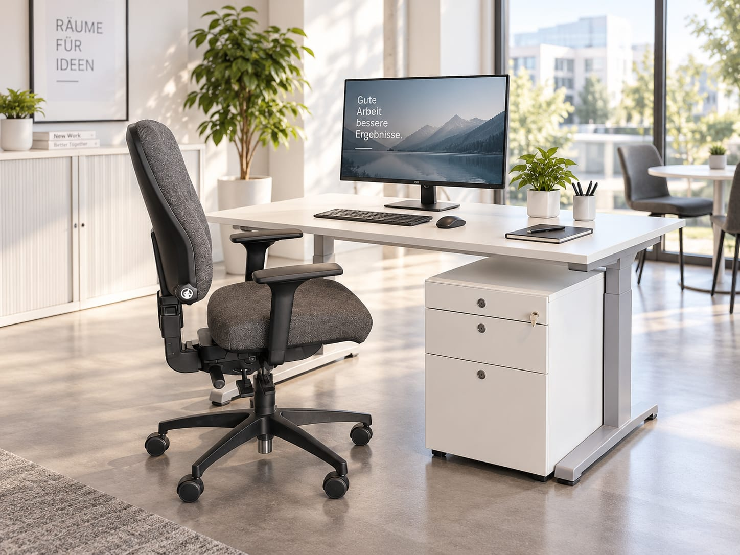Rauminspiration mit Schreibtisch, Bürostuhl und abgestimmtem Stauraum